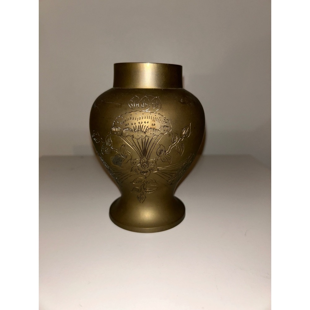 Vintage Etched Brass Bud Vase Floral Design Made in India Matte Gold Finish 5.5"